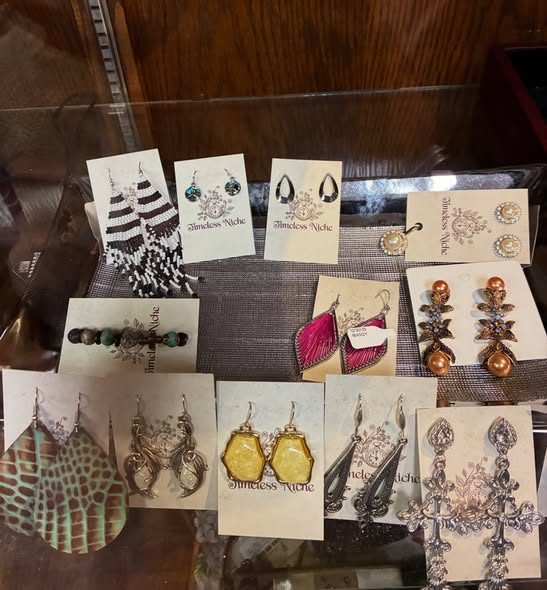 Turquoise and amber cuff bracelets in the jewelry case