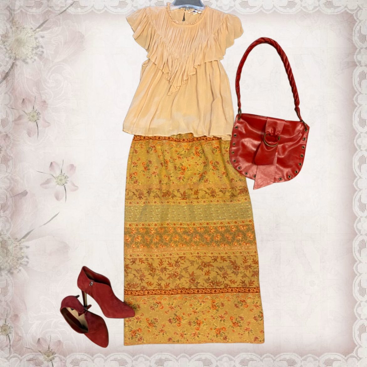 Ruffled blouse, floral maxi skirt and red boots styled for early fall