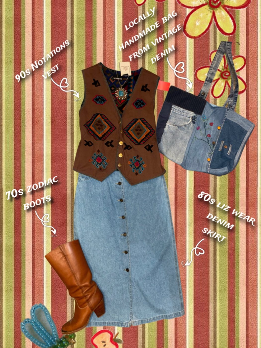 Fall western outfit flat lay with an embroidered vest, denim skirt and tall boots